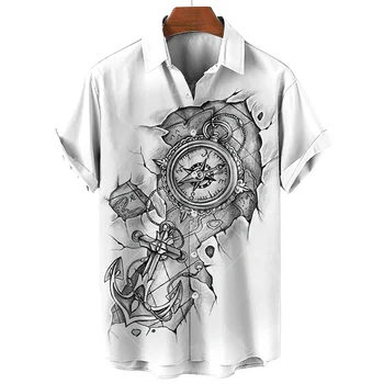 2023 Парусный Компас Мужские Рубашки Летняя Мода Гавайские Рубашки С коротким Рукавом Мужские Винтажные Уличные Рубашки Для Мужчин Топ Мужская Одежда