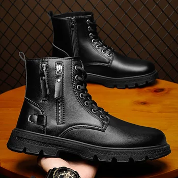 Осень-зима 2023, Модные черные Мужские ботинки Doc Martens с Высоким берцем, Повседневные кожаные ботинки на Шнуровке, Уличные Мотоциклетные ботинки с круглым носком