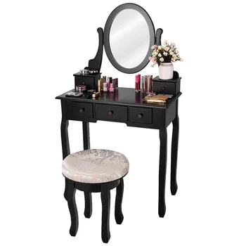 Столик для макияжа Набор туалетных столиков Табурет С мягкой Обивкой Зеркало Табурет с 5 Выдвижными ящиками стул