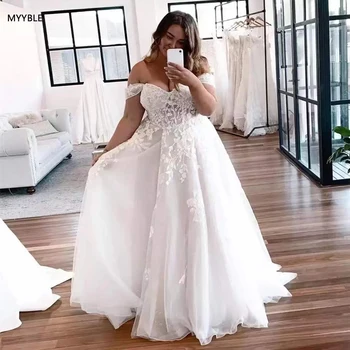 2022 Винтажное Свадебное платье в стиле Бохо Большого размера Трапециевидной Формы, длина до пола, Кружевные аппликации, Очаровательное Свадебное платье