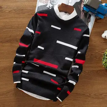 2023 Мужской Осенний полосатый свитер с круглым вырезом, Модный Тонкий молодежный повседневный свитер