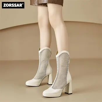 2023 Новые женские сандалии с круглым носком, Сапоги, женские летние ботинки из коровьей кожи, Сетчатая обувь, сапоги до середины икры, женские ботинки на высоком каблуке