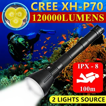 3 * CREE XHP70 High Power Underwater 100m Dive Заполняющий Свет Мощный IPX8 Водонепроницаемый светодиодный Фонарик Для Подводного Плавания Профессиональный Дайвинг