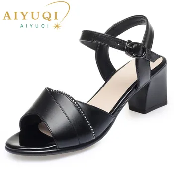 AIYUQI / Модные женские босоножки; Новые летние римские сандалии из натуральной кожи; женская обувь на среднем каблуке с рыбьим носком; сандалии для женщин;