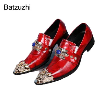 Batzuzhi/ Роскошные мужские деловые туфли в Итальянском стиле, кожаные модельные туфли с острым золотым носком, мужские красные вечерние, свадебные туфли для мужчин!
