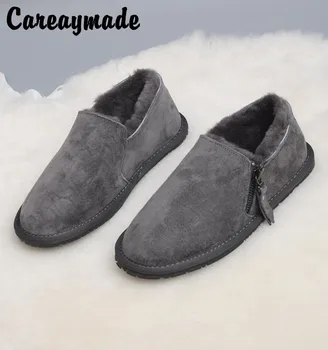 Careaymade-Низкие зимние ботинки, женские меховые цельнокроеные ботинки на плоской подошве с булочкой на пару, шерстяные короткие сапоги, ленивая пара, хлопчатобумажная обувь, зима