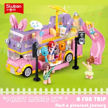 Sluban Building Block Toys Girls Dream Pink B1165 Вечерние Музыкальные Фургоны 412 шт. Двухэтажный Автобус Кирпичи Совместимы С ведущими брендами