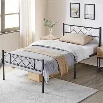 SMILE MART X-Design Металлическая двуспальная кровать с изголовьем и изножьем, черный