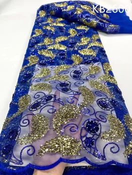Африканская Голубая кружевная ткань с блестками Высокого качества 2023 Свадебное платье Тюль Кружевная Сетка Нигерийская вышитая ткань Кружево 5 ярдов KB2600