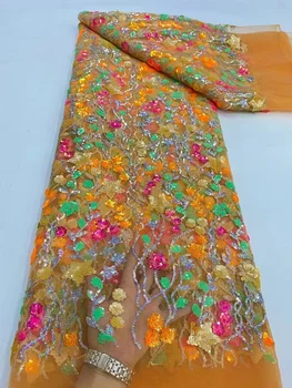Африканская кружевная ткань 2023, Высококачественное Свадебное платье с пайетками для женщин, Оранжевая Модная ткань с вышивкой для Шитья, 5 ярдов