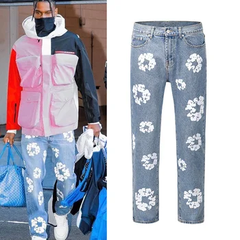 Брюки Kanye Jeans с цветочным принтом в стиле Харадзюку, уличная одежда Большого размера, прямые повседневные мужские и женские джинсовые брюки в стиле ретро