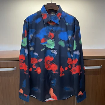 Весенне-осенние мужские рубашки Высокого качества с дизайнерским принтом из 50% шелка в Европейском стиле, топы B977