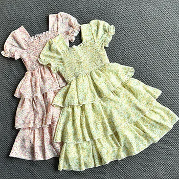 Детская одежда, Летние платья с короткими рукавами и цветочным рисунком для девочек, Плиссированное Летнее тонкослойное платье для детей, Одежда для девочек GY02232