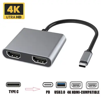 Док-станция, совместимая с Type-C и двойным HDMI, 4в1 USB C Концентратор, Расширение экрана USB3.0, Адаптер 4K 60Hz, Ноутбук, Телефон, ПК