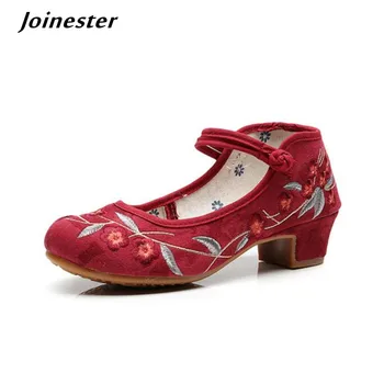 Женская обувь для этнических танцев, вышитые в стиле ретро Туфли-лодочки Mary Jane, Женские модельные туфли Cheongsam на среднем каблуке с круглым носком в древнем стиле