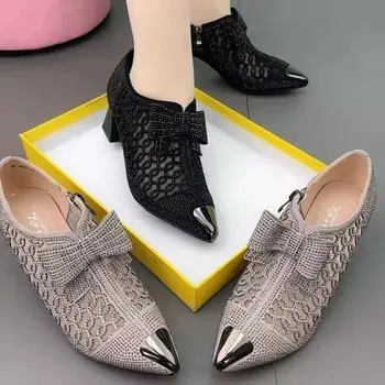 Женская обувь из полой сетки 2023, Летние женские туфли-лодочки, Модные женские Босоножки на квадратном каблуке со стразами, с острым носком, на молнии и с бантом, Большие размеры