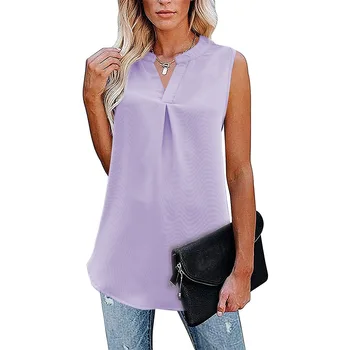 Женская рубашка 2023, Летний Новый стиль, Однотонный Повседневный Свободный топ без рукавов с V-образным вырезом, модный жилет в уличном стиле