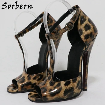 Женские босоножки Sorbern Коричневого леопарда с Т-образным ремешком, Круглый носок, Туфли на высоком каблуке-шпильке 15 см, Размер Us10, обувь для фетиша-кроссдрессера на заказ