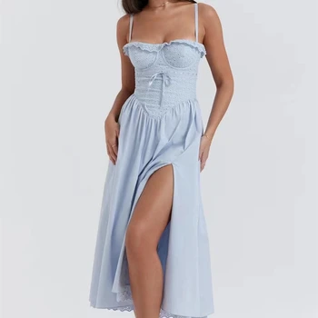 Женское платье миди, модная повязка на спине без бретелек, Сексуальное длинное платье с высоким разрезом