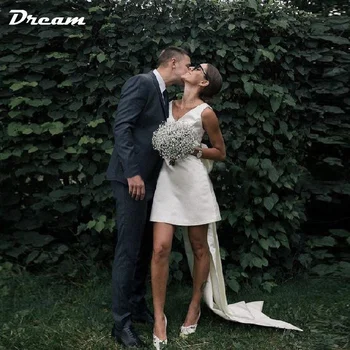 КОРОТКОЕ атласное мини-свадебное платье DREAM с V-образным вырезом, большим бантом, открытой спиной, без рукавов Длиной выше колена