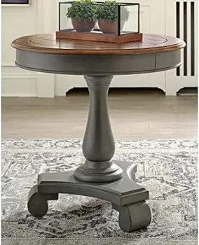 Круглый акцентный столик в фермерском доме, бирюзово-коричневый, 26 дюймов x 26 дюймов x 25,75 дюйма, Маленький журнальный столик, Приставной столик для маленькой спальни