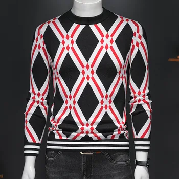 Круглый вырез, контрастный цветной принт в виде решетки, Мужской Тонкий вязаный пуловер с длинными рукавами, свитер, социальная рубашка, уличная одежда