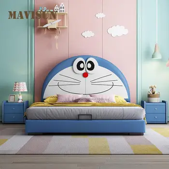 Легкая роскошная кожаная детская кровать 1,5 м, милая мультяшная детская кровать 1,8 м, синяя, простая современная мебель для спальни