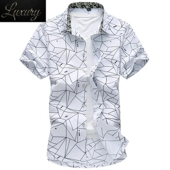 Летние Мужские гавайские рубашки в клетку с геометрическим принтом для отдыха в Гавайях, camisa masculina, мужская брендовая повседневная рубашка 5XL 6XL 7XL