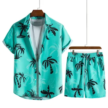 Летняя свободная рубашка в пляжном стиле, повседневные шорты, костюм, мужской комплект из двух предметов с принтом