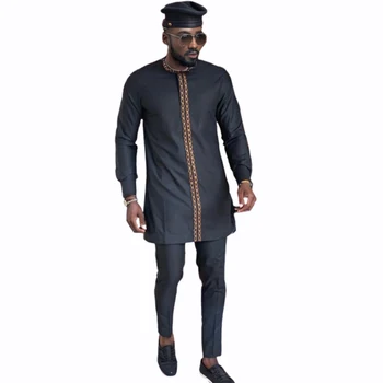Мужская африканская одежда Дашики, Повседневный Костюм с круглым вырезом и принтом, Рубашка с длинными рукавами и брюки, Африканский мужской костюм-двойка
