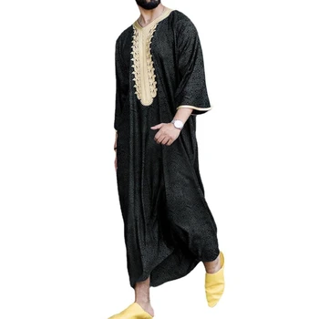 Мужская исламская одежда Черный Мусульманский Дубай, Арабский Кафтан, платья, Рубашка с лацканами