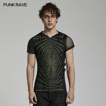 Мужская футболка PUNKRAVE в стиле панк, футболка с принтом Lightwave, эластичный трикотаж, Потрескавшаяся кожаная петелька, индивидуальность, уличная одежда, летние топы