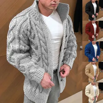 Мужской Кардиган, свитер, Эластичный Свитер со стоячим воротником и эластичной текстурой, зимний свитер, пальто для зимней мужской одежды