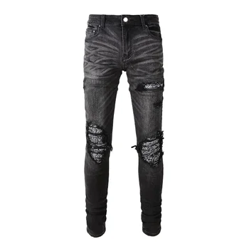 Новое поступление Мужской черной обтягивающей уличной одежды с потрескавшимися отверстиями, бандана с краской для галстука, лоскутные джинсовые брюки Slim Fit