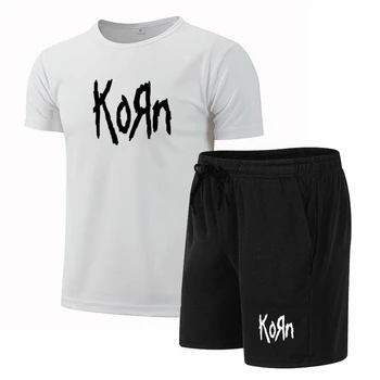 Новый спортивный костюм KORN, летний мужской костюм для фитнеса, Спортивный костюм, футболка с короткими рукавами + шорты, быстросохнущий спортивный костюм для мальчиков