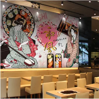 Обои на тему японской женской кухни Укие-э, Японский суши-ресторан, Обои на черном фоне, 3D бумага для рисования