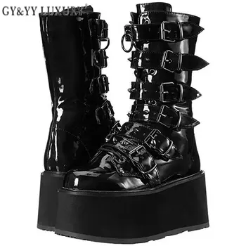 Обувь Demonia на платформе, сапоги в готическом стиле в стиле панк, Женские ботинки на платформе с заклепками, обувь на танкетке и каблуке до середины икры, женские рыцарские ботинки