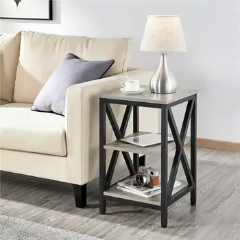 Промышленный трехъярусный столик из дерева и металла, серый в деревенском стиле