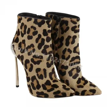 Сексуальные короткие сапоги с леопардовым принтом и острым носком на тонком каблуке, Модные женские ботинки для подиума на высоком металлическом каблуке, Женская обувь для вечеринок