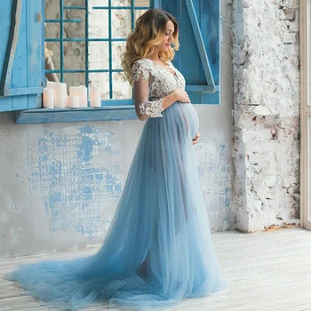 Синие Свадебные платья для беременных, Кружевные аппликации в стиле Бохо, Длинные рукава, Тюлевые Свадебные платья для беременных, Элегантный Шлейф, Женское платье