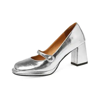 Темпераментные серебристые туфли Мэри Джейн на высоком каблуке в стиле ретро с квадратной головкой, женские туфли на толстом каблуке