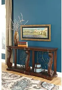 Традиционный прямоугольный диван-столик ручной работы с фиксированной напольной полкой, темно-коричневый