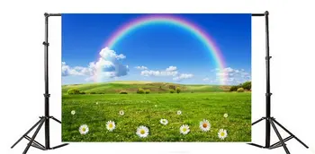 Фон для фотосъемки Природа Весна Свежие цветы Радужная трава Газон Голубое небо Белое Облако Романтическое Путешествие